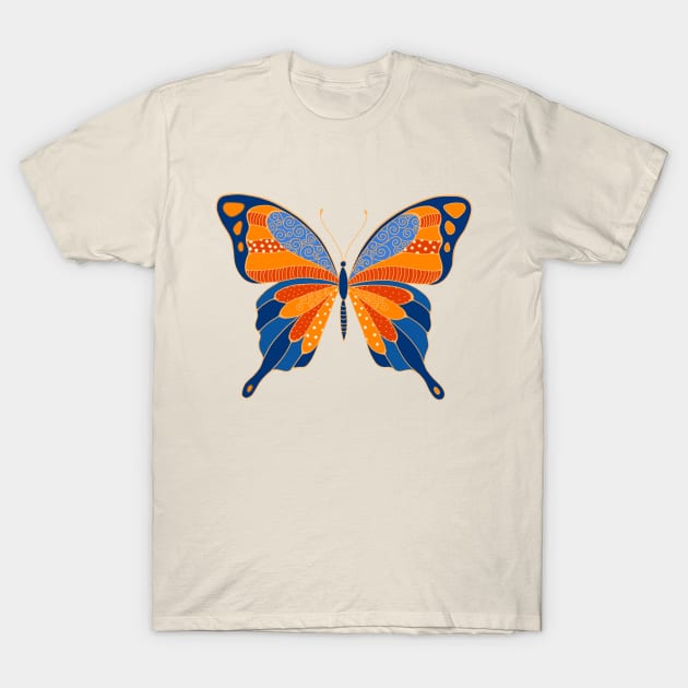 Big Beautiful Blue and Orange Butterfly T-Shirt by crookedlittlestudio